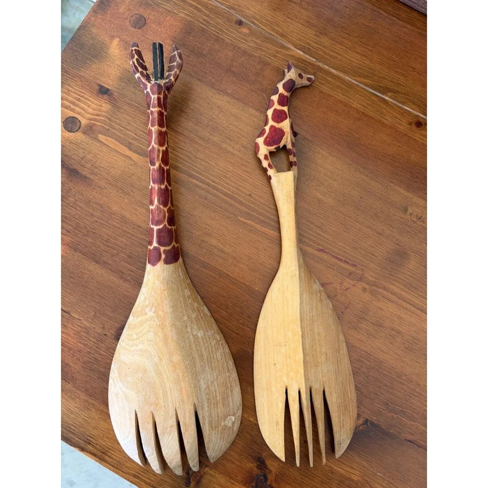 Hand Carved Wooden Giraffe Salad Server Set 3 Piece African Safari Folk Art 12in